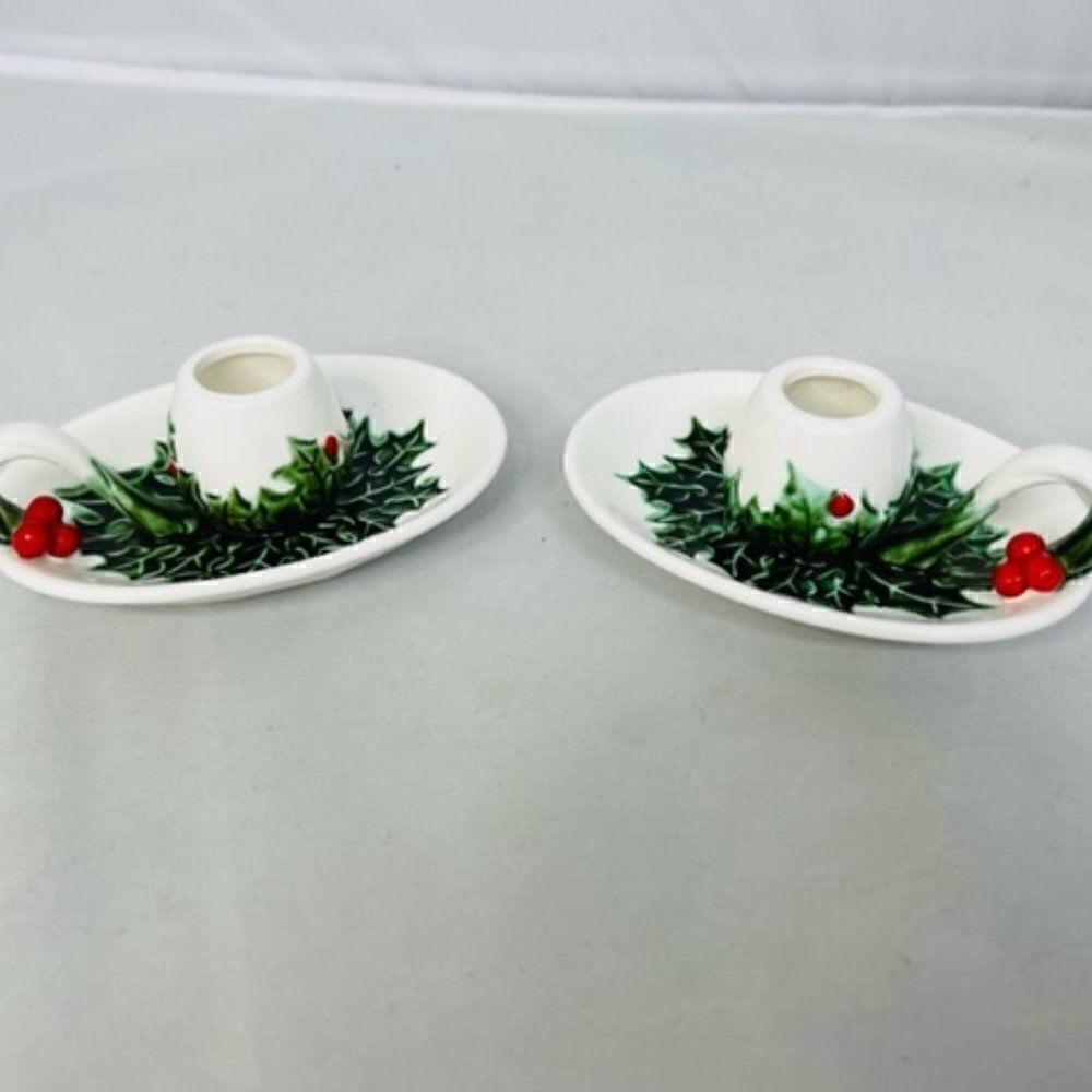 2 Lefton White Green Holly Berry Candle Holders - No 1341 The item size is 5" by